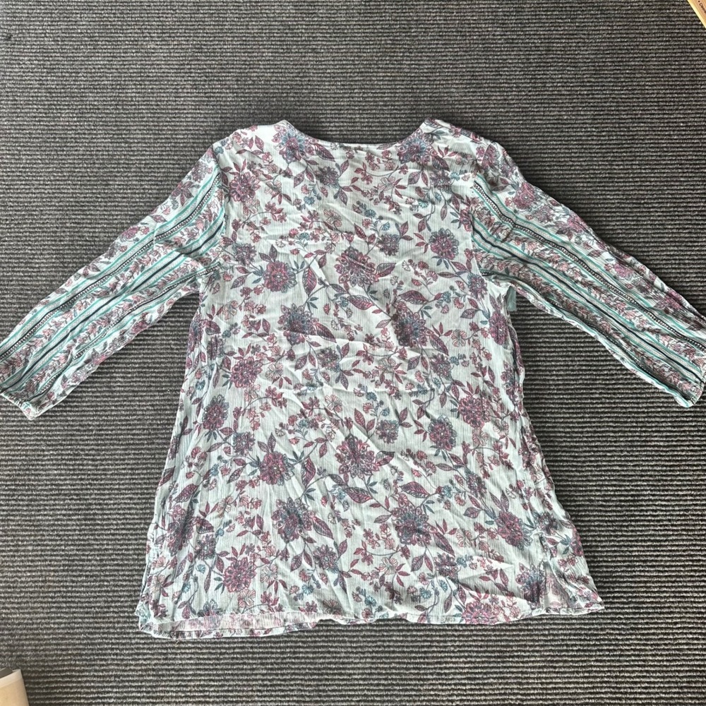 J. Jill Floral Tassel Peasant Blouse Medium Blue Pink Boho Viscose Rayon Top